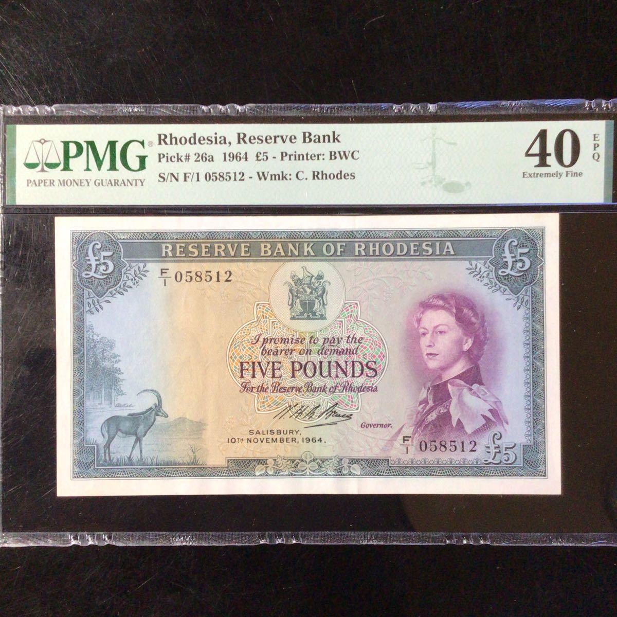 World Banknote Grading RHODESIA《Reserve Bank》5 Pounds【1964】『PMG Grading Extremely Fine 40 EPQ』