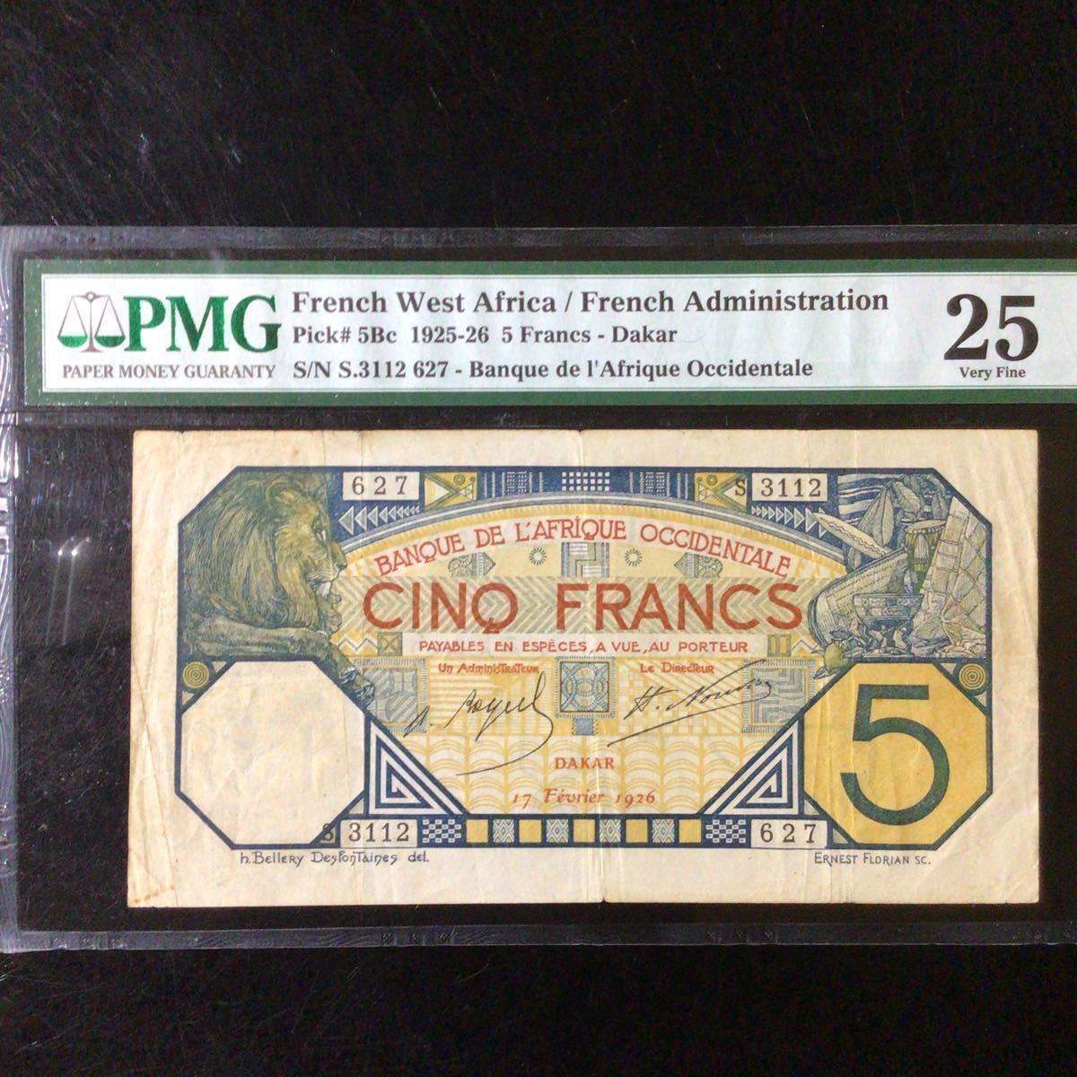 World Banknote Grading FRENCH WEST AFRICA《French Administration》5 Francs【1926】『PMG Grading Very Fine 25』