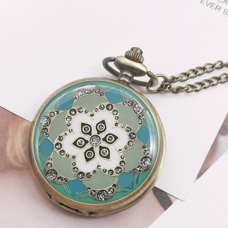  pocket watch green unisex pocket watch antique style flower chain necklace quartz retro CF1041