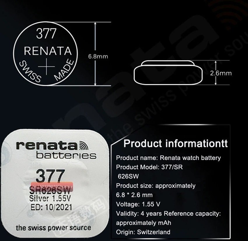 スイス製 レナータ レナタ 377 renata RENATA バッテリー ボタン電池 SR626 SW AG４ LR626 1.55v 酸化銀時計電池 水銀ゼロ renata377X 3個の画像10