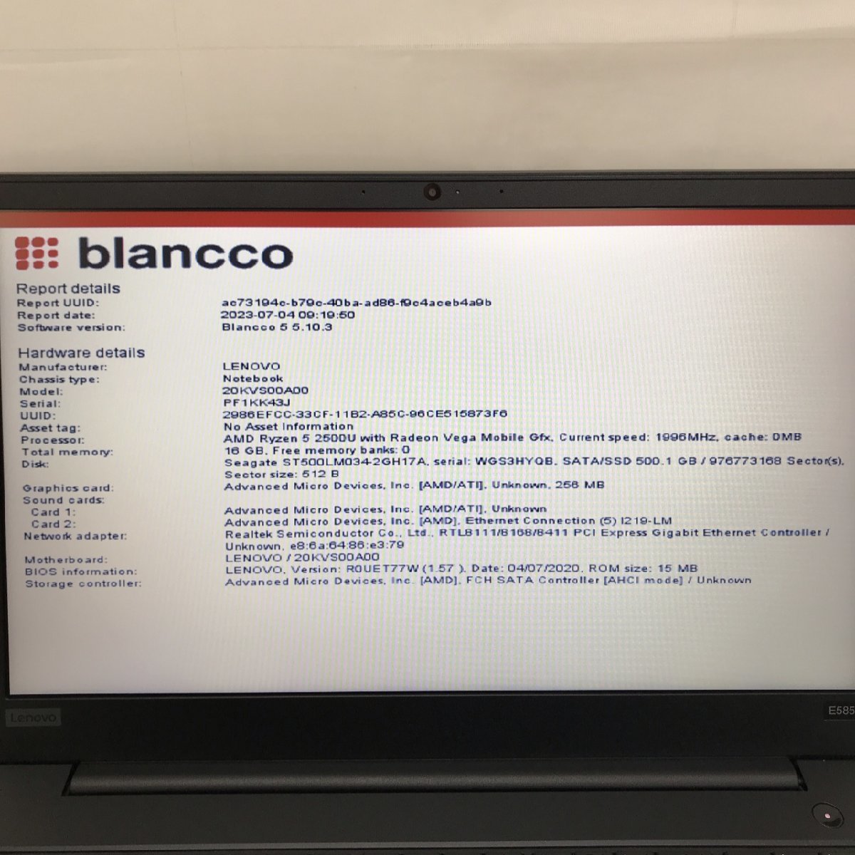1円~【ジャンク】Blanco消去済 Lenovo ThinkPad E585 20KVS00A00 AMD