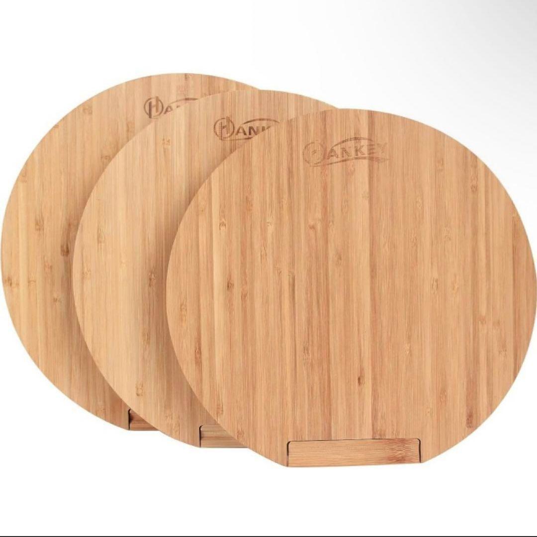 新品2枚セットまな板 天然竹製 スタンド付き カッティングボード 丸形 抗菌_画像2