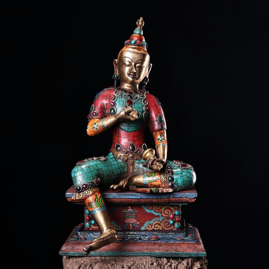 ◆羽彰・古美術◆A915清時代 仏教古美術 チベット密教 銅製描金象嵌宝石金剛薩仏像・細密造・寺院収蔵品
