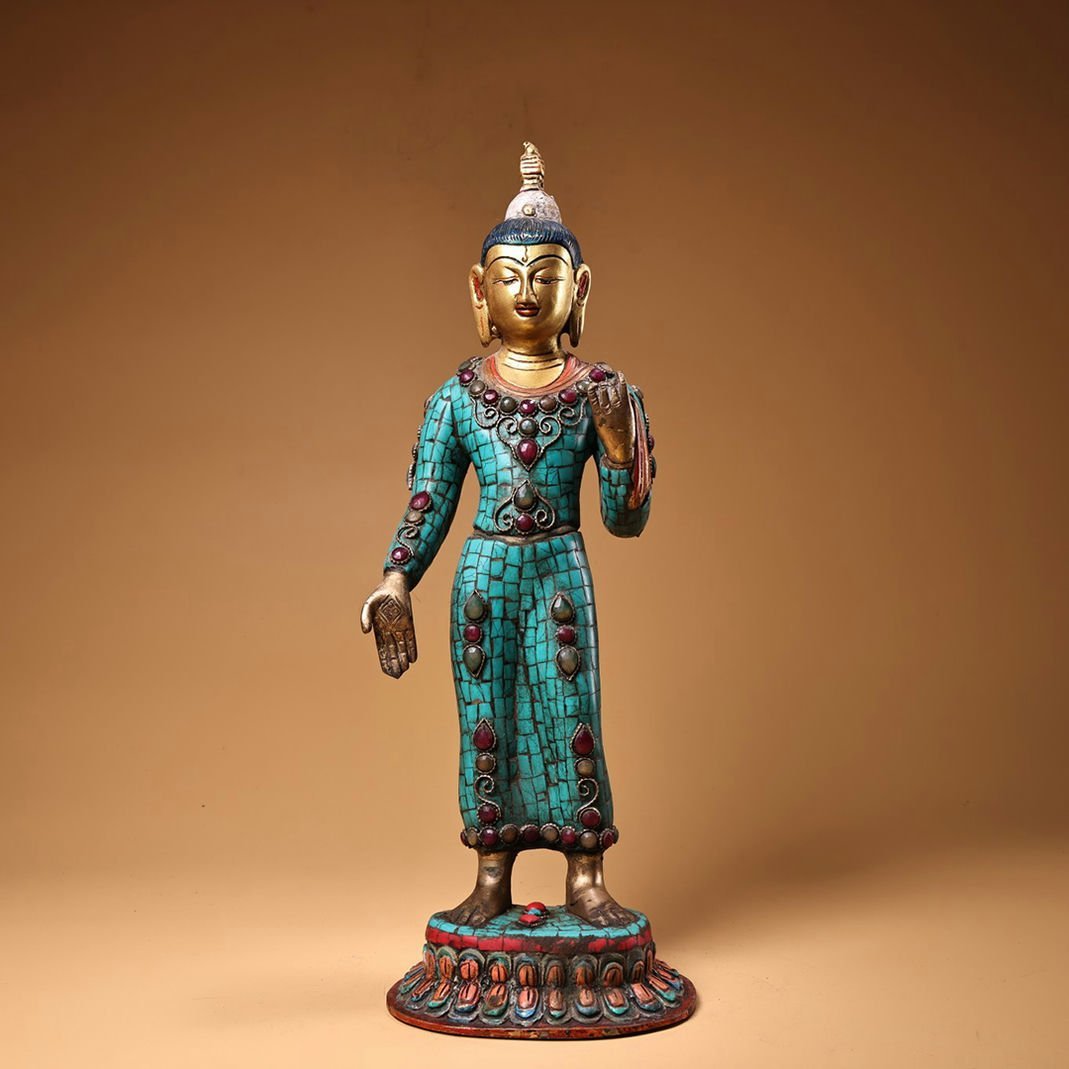 ◆羽彰・古美術◆A922清時代 仏教古美術 チベット密教 銅製象嵌宝石彩絵描金釈迦牟尼仏祖