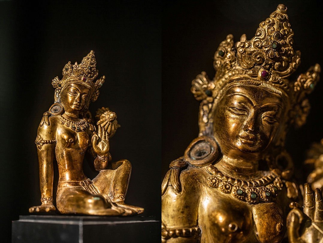 良好品】 仏像 銅塗金象嵌宝石自在観音造像 チベット密教 仏教古美術