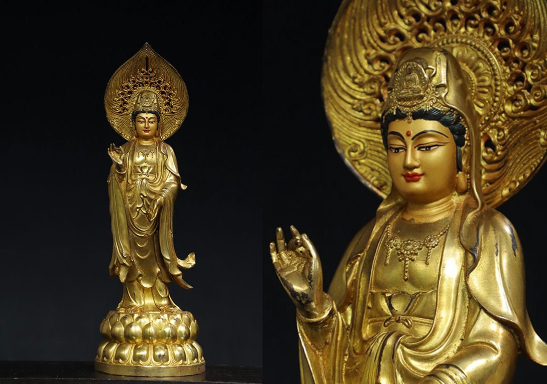 ◆羽彰・古美術◆A447明時代 銅塗金 描彩 西方三聖・観音菩薩・仏像・仏教古美術 細密造 寺院収蔵品