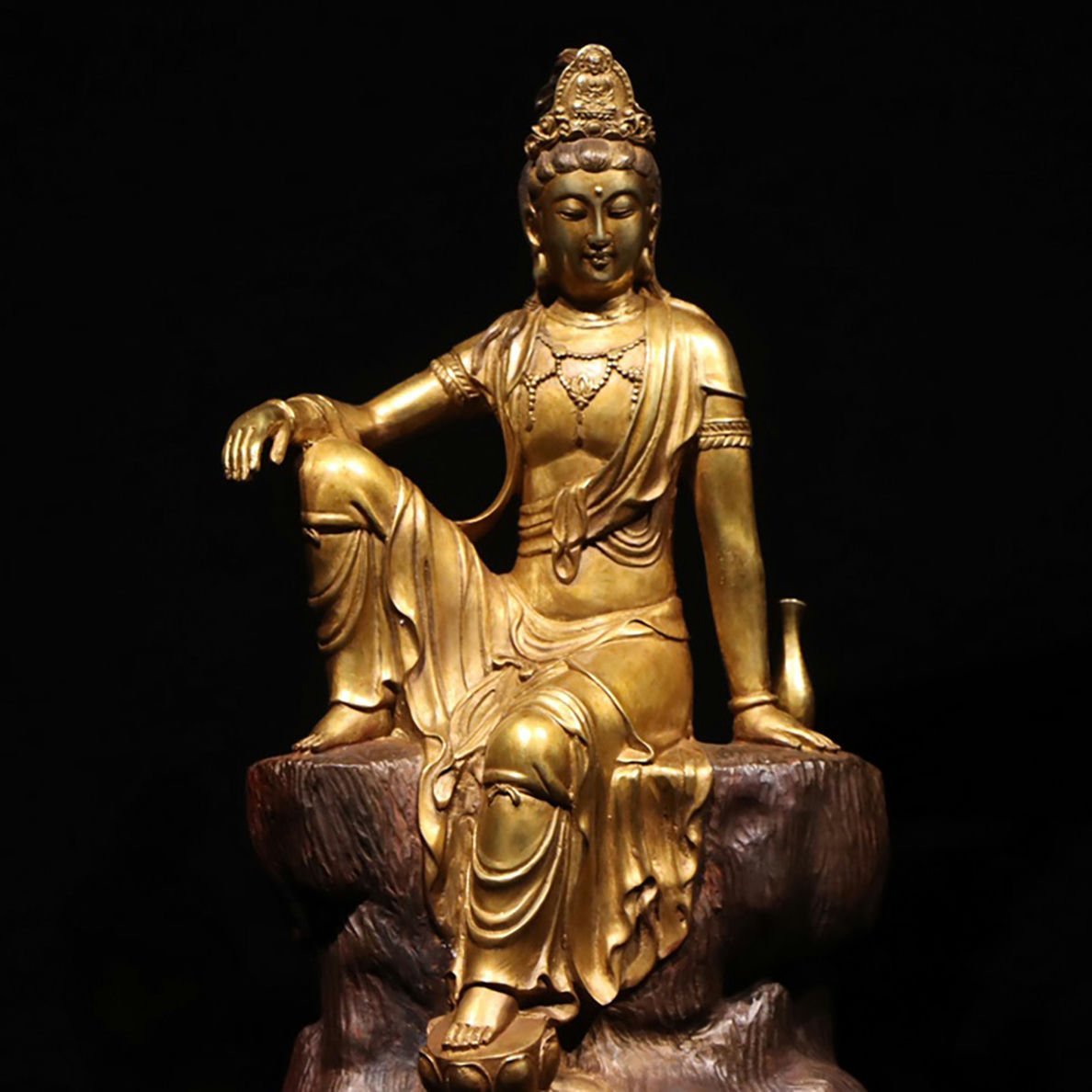 ◆羽彰・古美術◆A136明時代 自在観音 銅塗金・仏像・ 超絶技巧 仏教古美術・細密造 寺院収蔵品