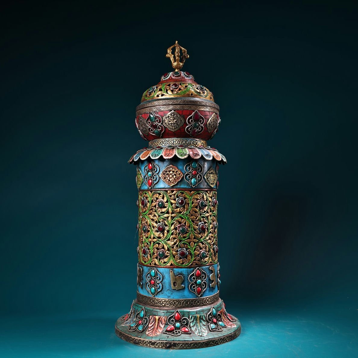 ◆羽彰・古美術◆A107清時代 仏教古美術 チベット密教 銅製象嵌宝石彩絵描金花絲吉祥八宝香桶薫香炉