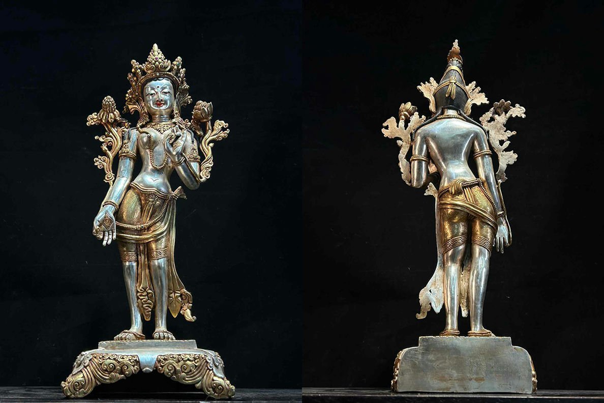 ◆羽彰・古美術◆A384清時代 仏教古美術 チベット密教 度母立像 銀製 仏像 超絶技巧 高手すり 珍品旧蔵
