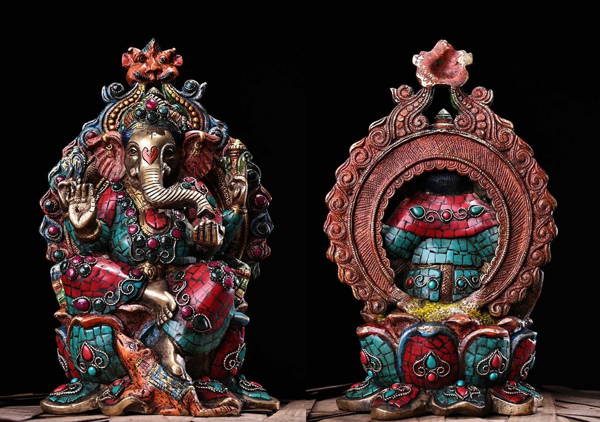 ◆羽彰・古美術◆A553清時代 仏教古美術 チベット密教 銅製象嵌宝石彩絵描金象鼻財神仏像 細密造 寺院収蔵品