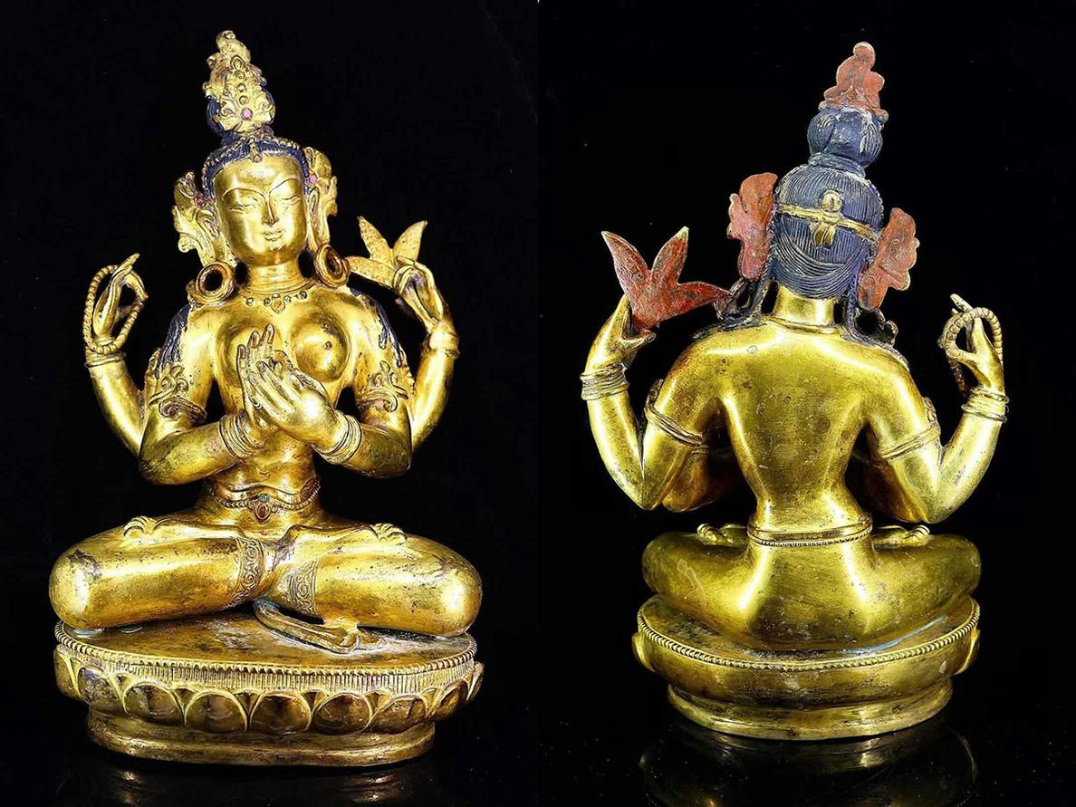 ◆羽彰・古美術◆A424清時代 仏教古美術 チベット密教 銅塗金 四臂観音造像・仏像・超絶技巧・ 寺院引取品