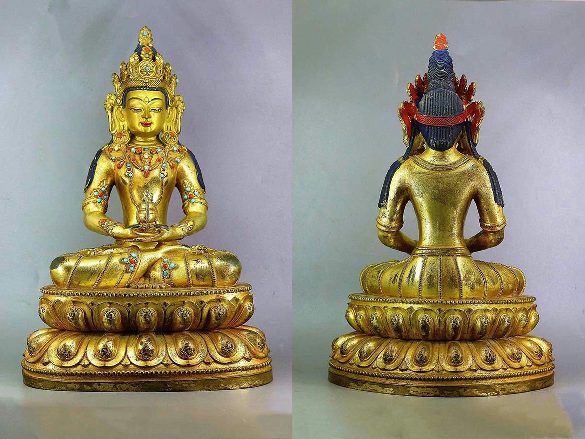 ◆羽彰・古美術◆A425清時代 仏教古美術 チベット密教 銅塗金 長寿仏造像・仏像・超絶技巧・ 寺院引取品