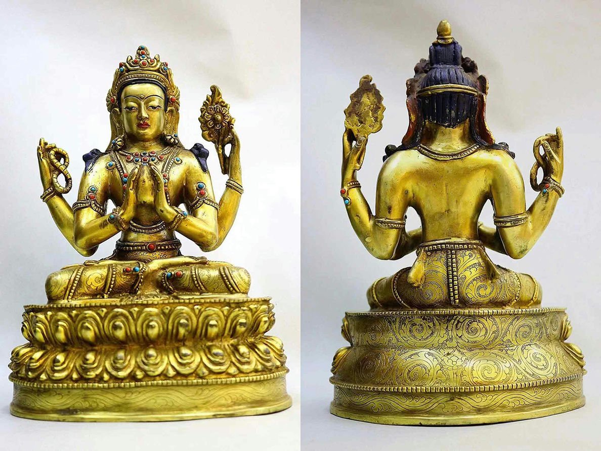 ◆羽彰・古美術◆A427清時代 仏教古美術 チベット密教 紅銅塗金 四臂観音造像・仏像・超絶技巧・ 寺院引取品