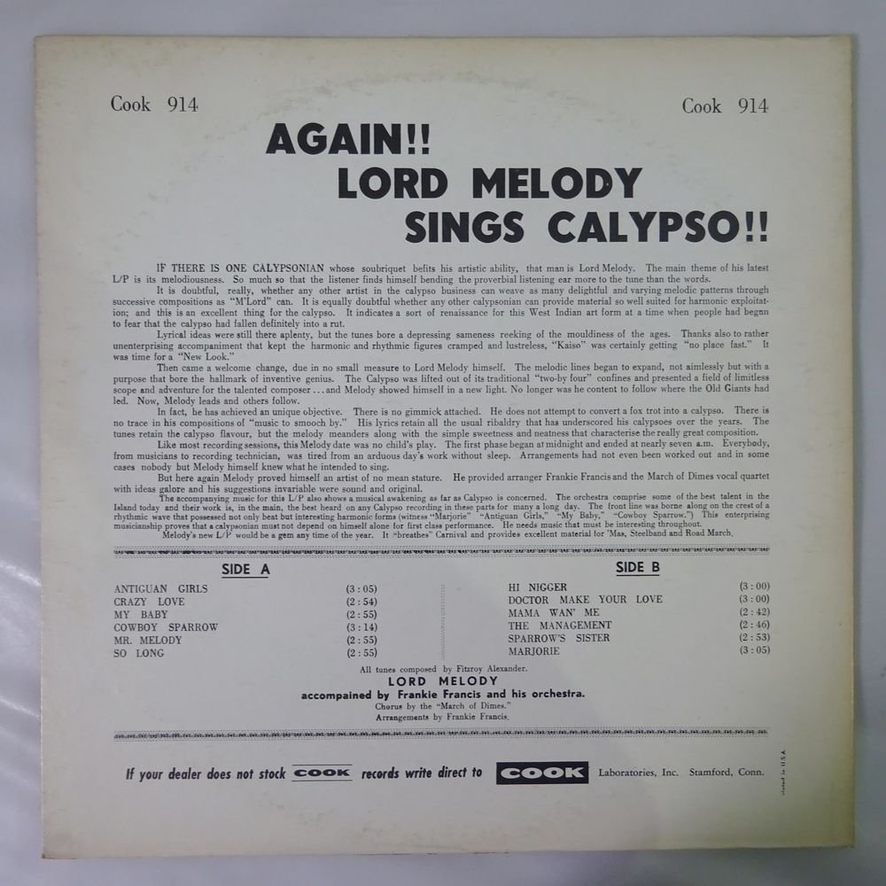 10015289;【US盤/Latin】Lord Melody / Again! Lord Melody Sings Calypso_画像2