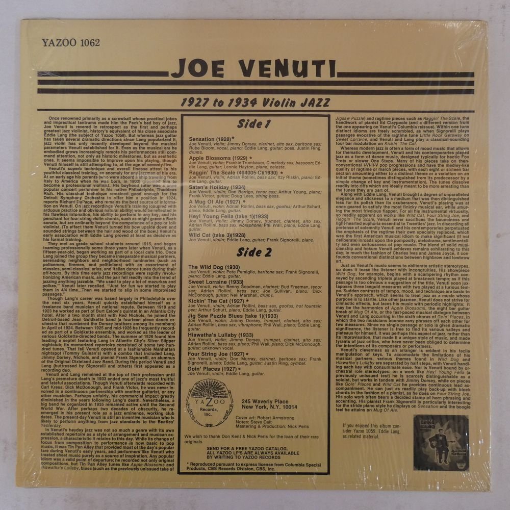 46049461;【US盤/Yazoo/シュリンク】Joe Venuti / 1927 To 1934 Violin Jazz_画像2