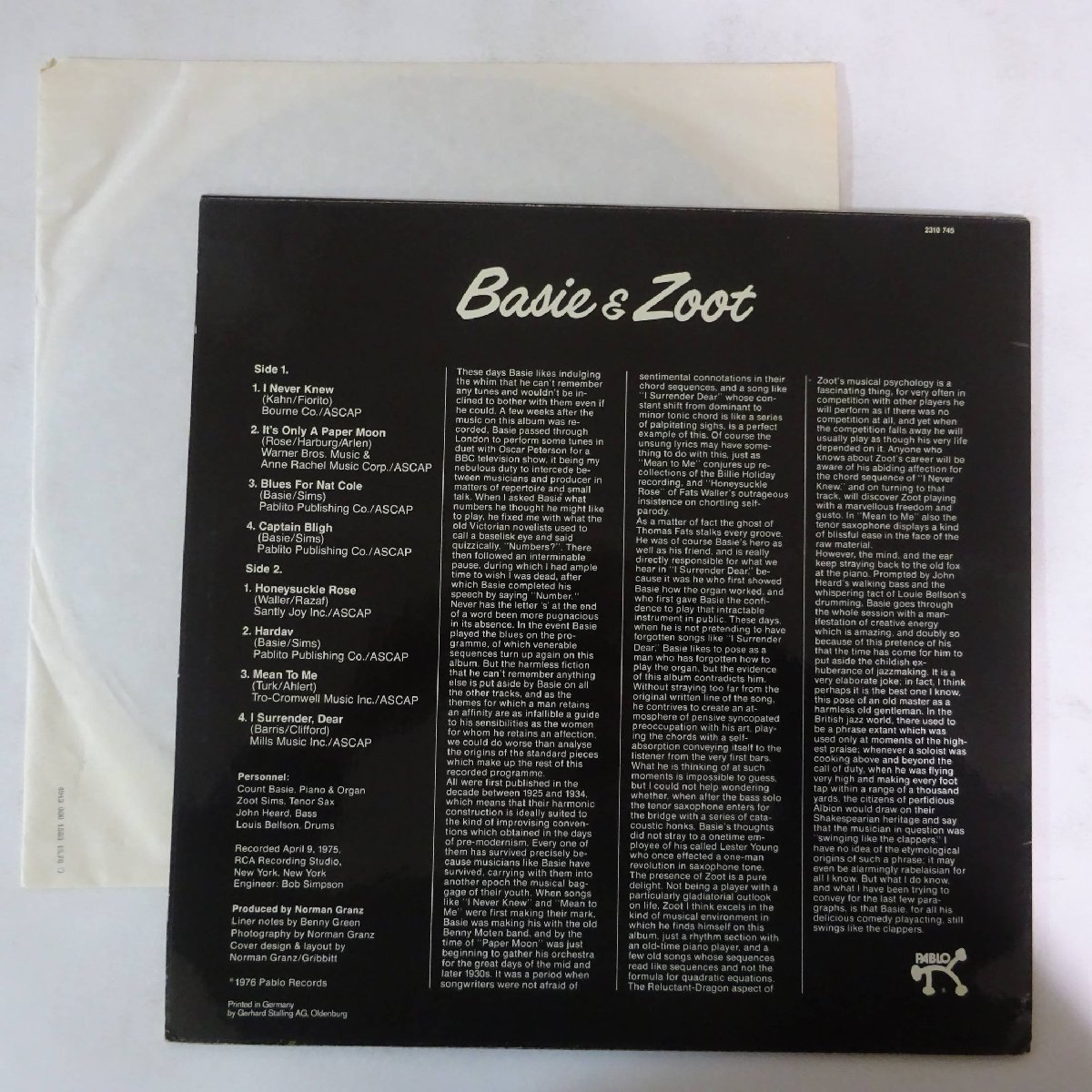 10015470;【Germany盤/コーティング/Pablo】Count Basie & Zoot Sims / Basie & Zoot_画像2