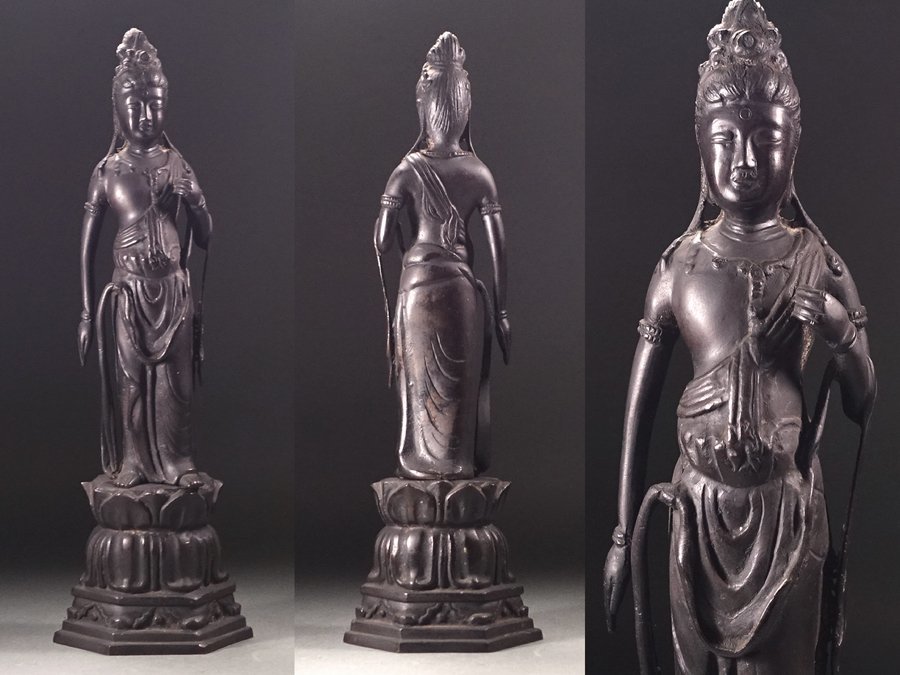 ∇花∇時代仏教美術 荘厳な銅造観世音菩薩立像 高さ37.8cm_画像1