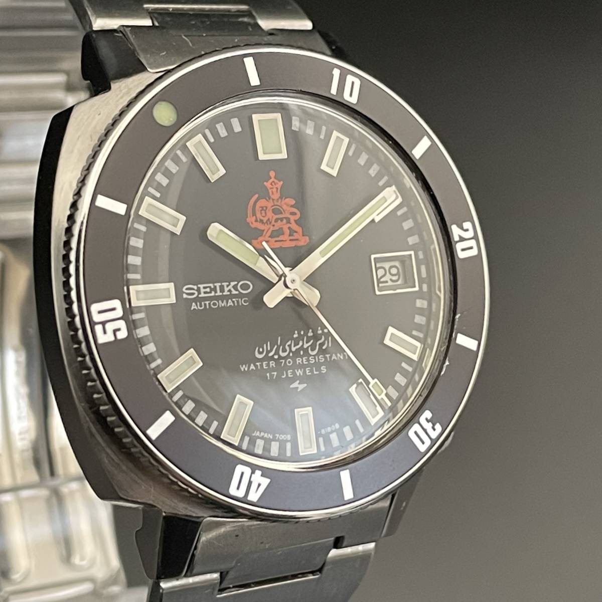 【超希少】セイコー/SEIKO/7005-8140/ペルシャ帝国/パーレビ朝/国王軍隊用/37㎜/自動巻/メンズ腕時計/黒/ブラック/動作良好/02_画像3