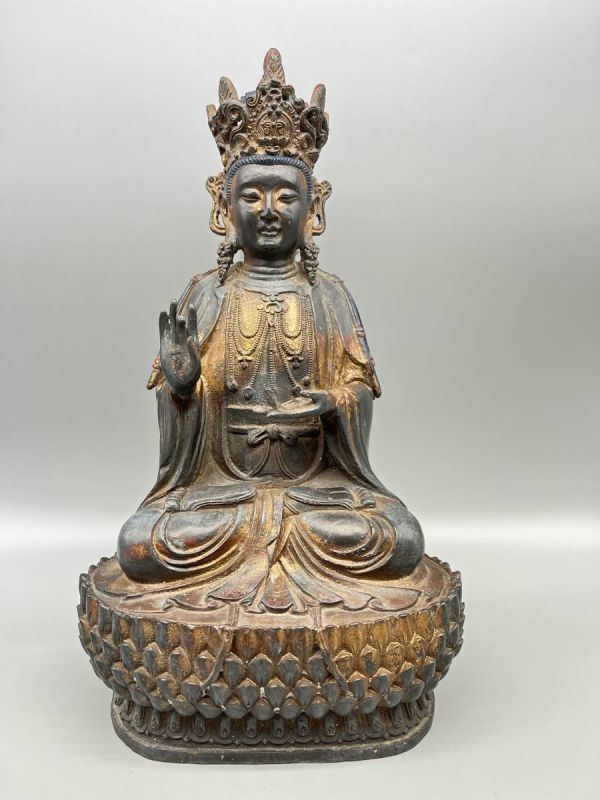 W3188　 古銅製 塗金仏 仏像 銅像 置物 仏具 仏教美術 金工品 古美術骨董品　高さ約43cm　重さ約8.5KG