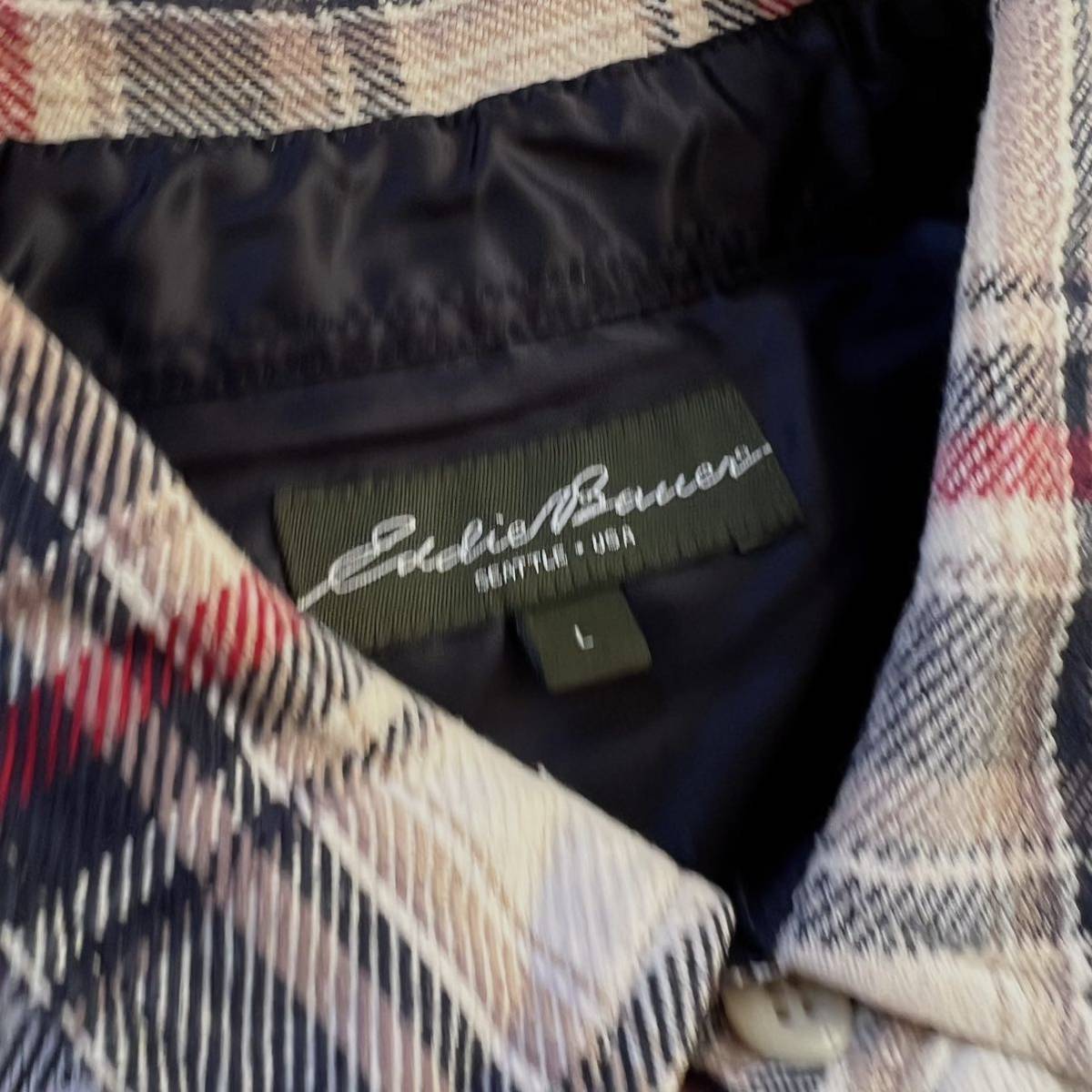 Eddie Bauer エディーバウアー チェック ネルシャツ フランネル L 長袖 シャツ シャツジャケット 厚手 厚地 ホワイト 白 ブルー