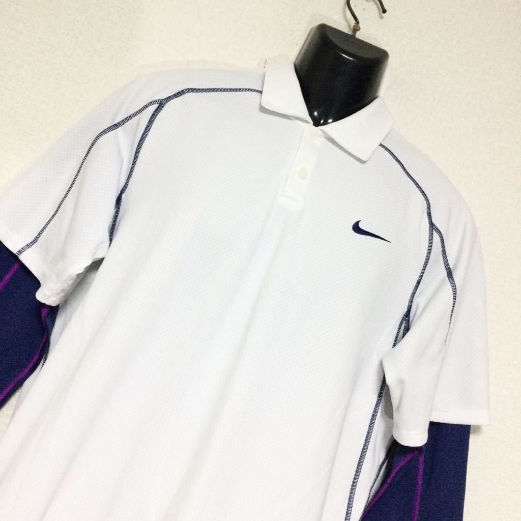 NIKE GOLF/ナイキゴルフ☆ポロシャツ☆重ね着風/ストレッチ/長袖/トップス/ジャケット/ゴルフウェア/白×紺/L_画像3