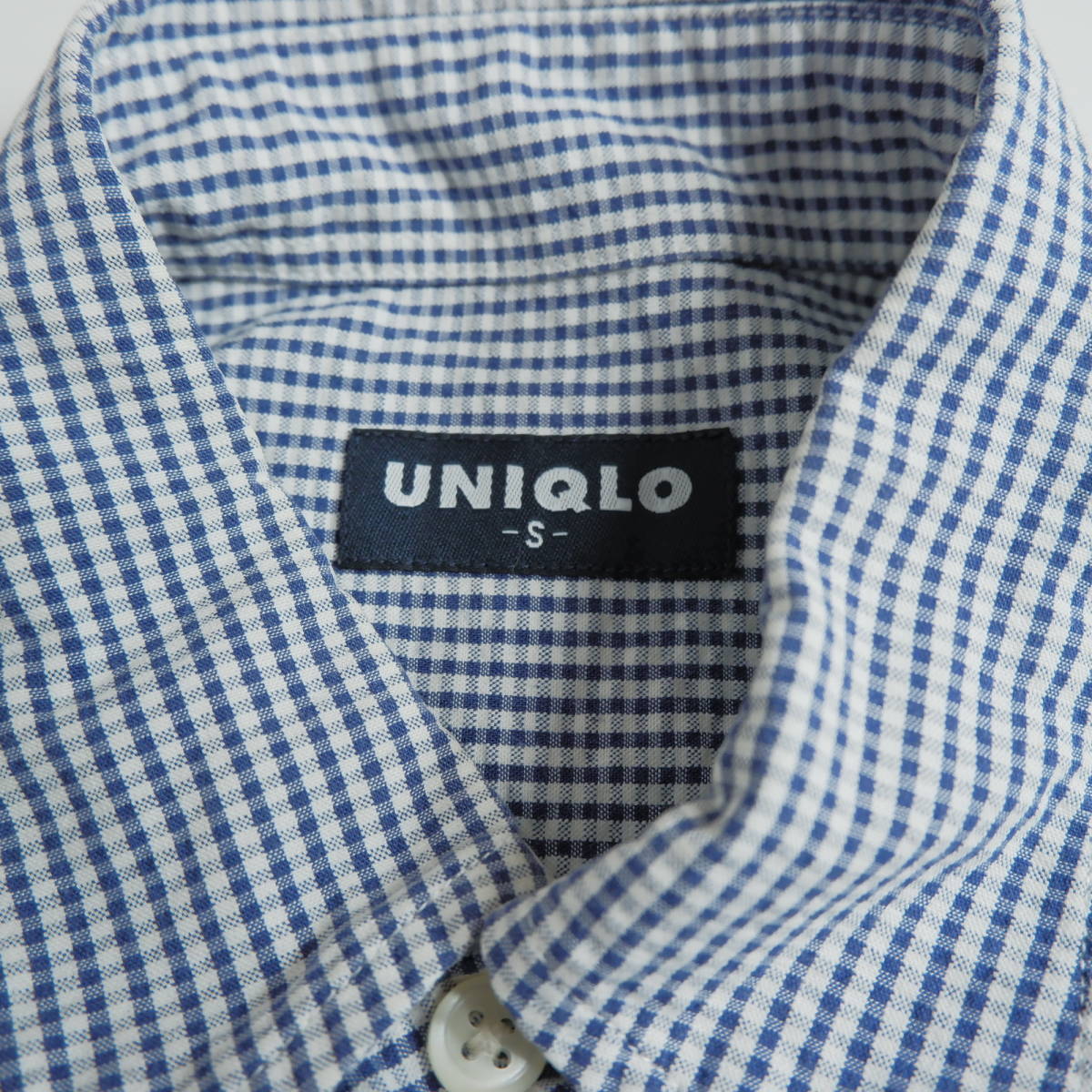 ◆送料無料◆ OLD UNIQLO オールド ユニクロ 半袖 ギンガム チェック シャツ 白 紺 メンズ S　0663k0