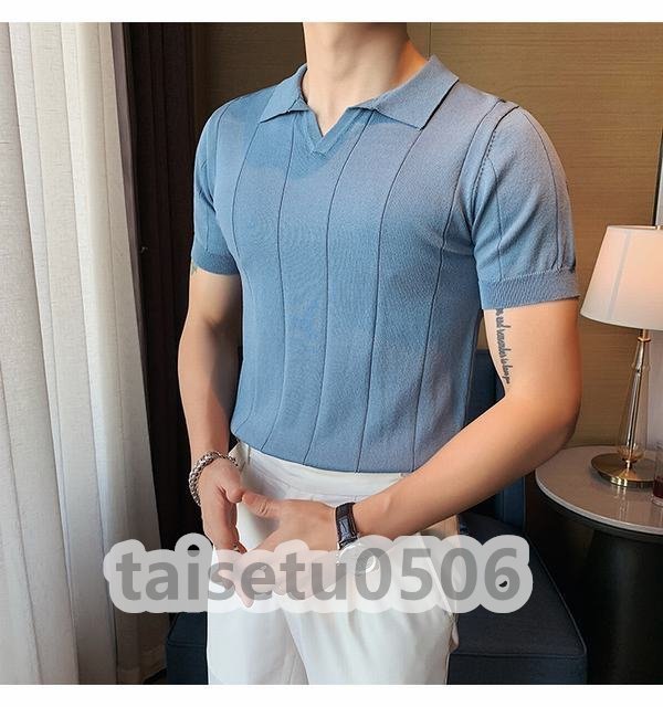 半袖ニット メンズ サマーセーター ニットTシャツ サマーニット トップス カットソー カジュアル ライトブルー XLサイズ_画像2