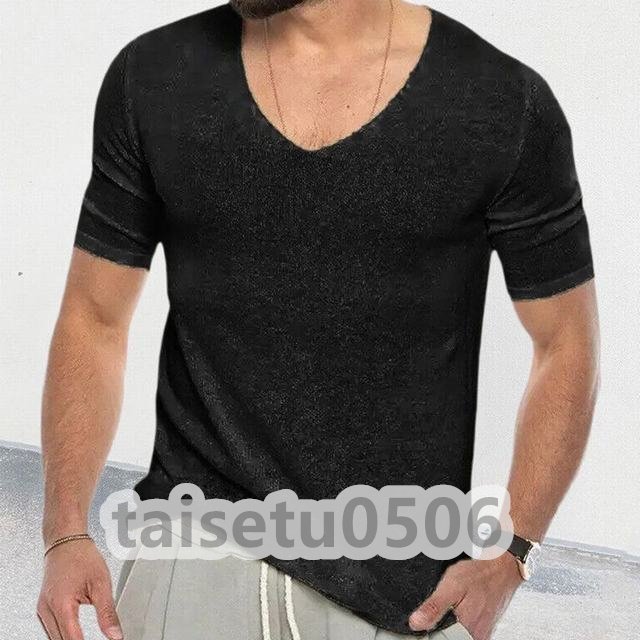 サマーセーター ニットTシャツ サマーニット トップス カットソー カジュアル 半袖ニット メンズ ブラック 3XLサイズ_画像1