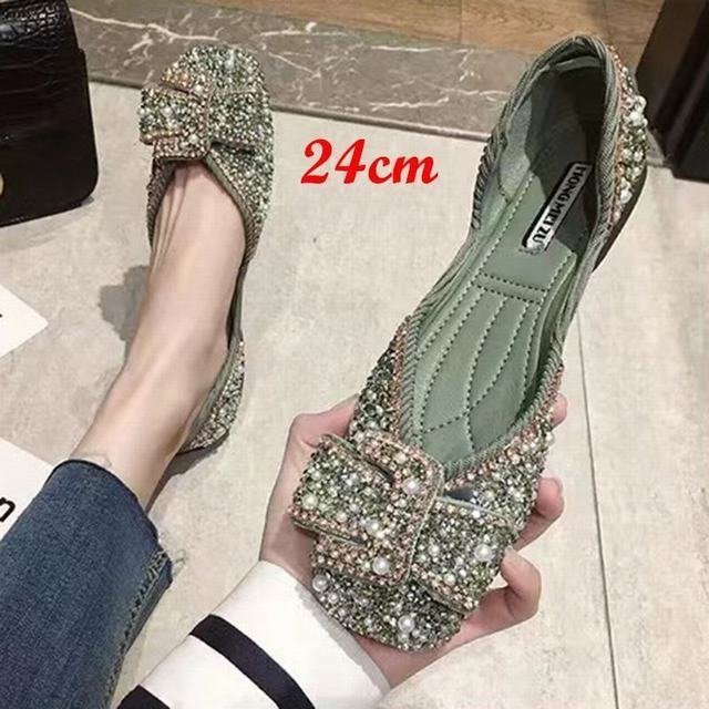  flat shoes pe tongue ko pumps slip-on shoes lady's Loafer Kirakira biju- walk shoes green 24cm