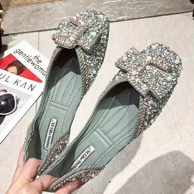  flat shoes pe tongue ko pumps slip-on shoes lady's Loafer Kirakira biju- walk shoes green 24cm