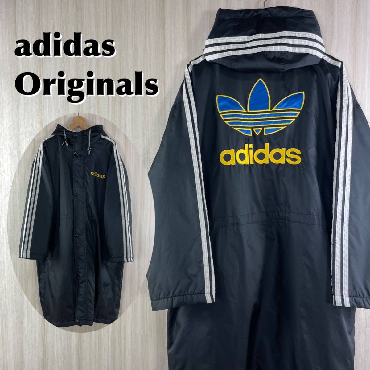 [ hard-to-find ]adidas Adidas Originals big to ref . il 3 stripe boa lining bench coat long coat L inscription black old clothes 