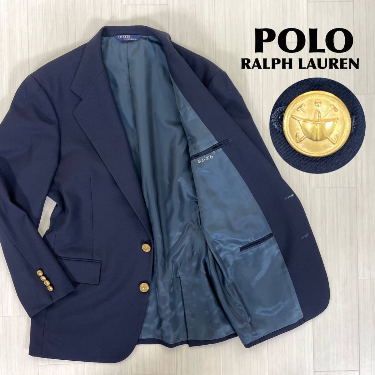 良品】POLO ポロバイラルフローレン 紺ブレ シングル ブレザー 金