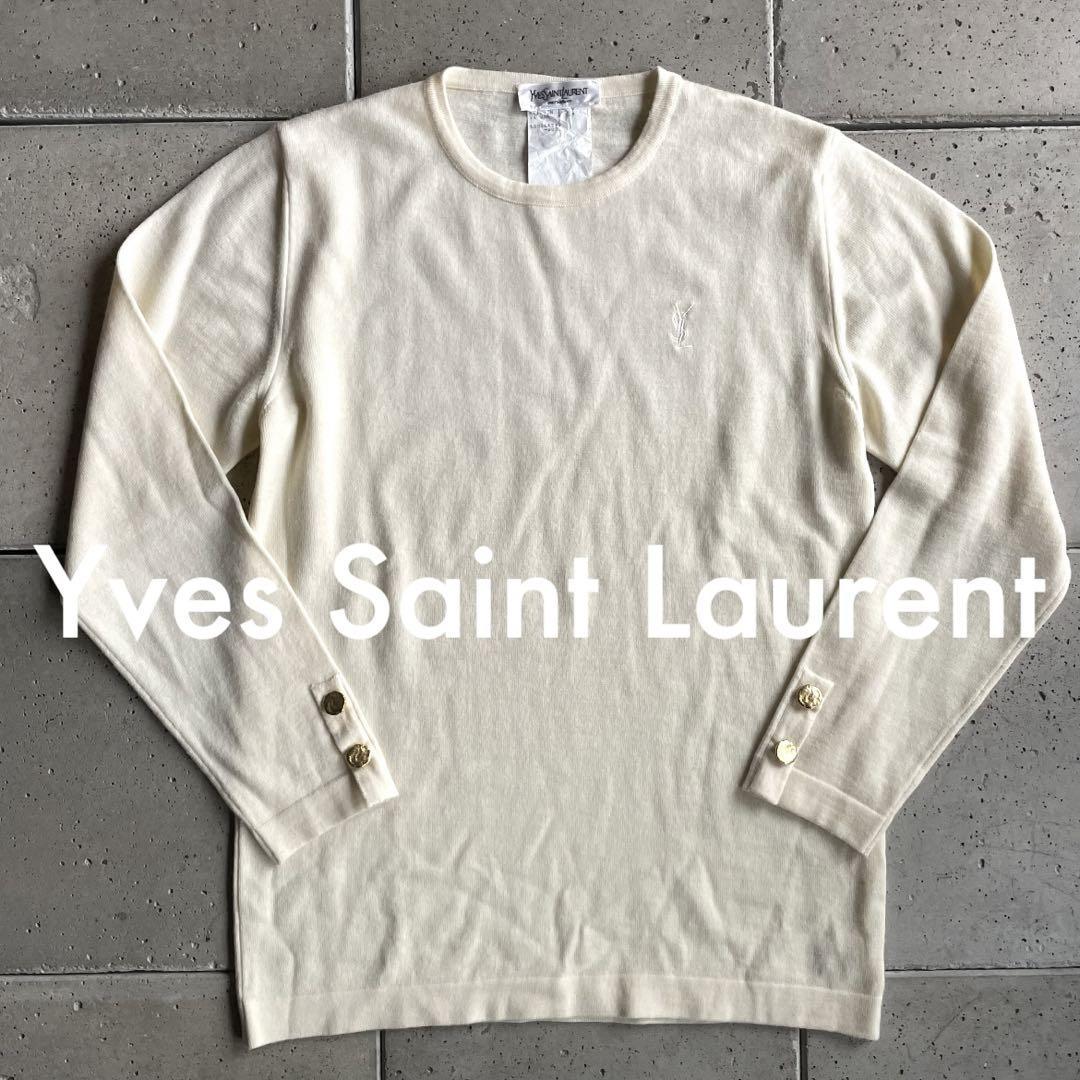 イタリア製【Yves Saint Laurent イヴサンローラン】ロゴ刺繍 金ボタン ウール ニット L オフホワイト