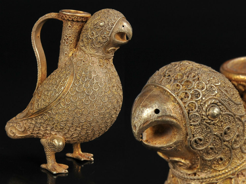 ◎中国美術　細密工芸　金鍍金　鸚鵡形　飾置物