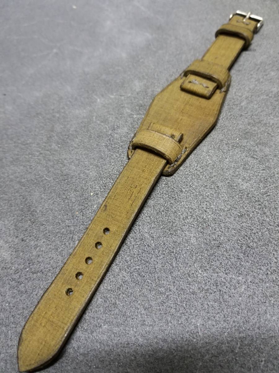 18mm イタリアンオイルレザーBUND 時計ベルト オリーブ 一枚革