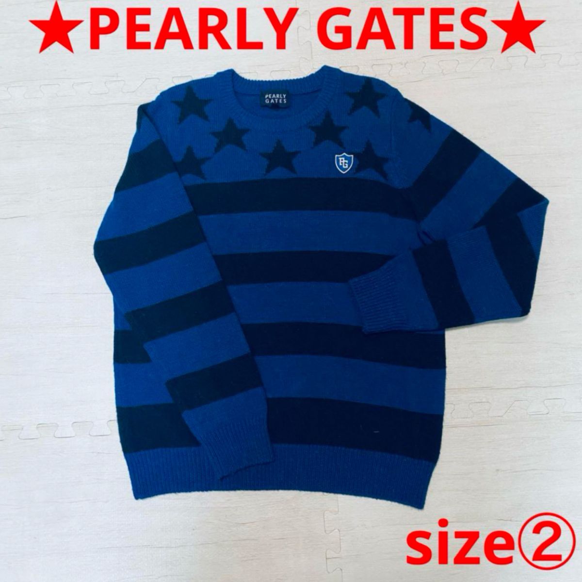 PEARLY GATES パーリーゲイツ 星柄 ボーダー ニット レディース 2 セーター ネイビー スター柄 ウール ウェア