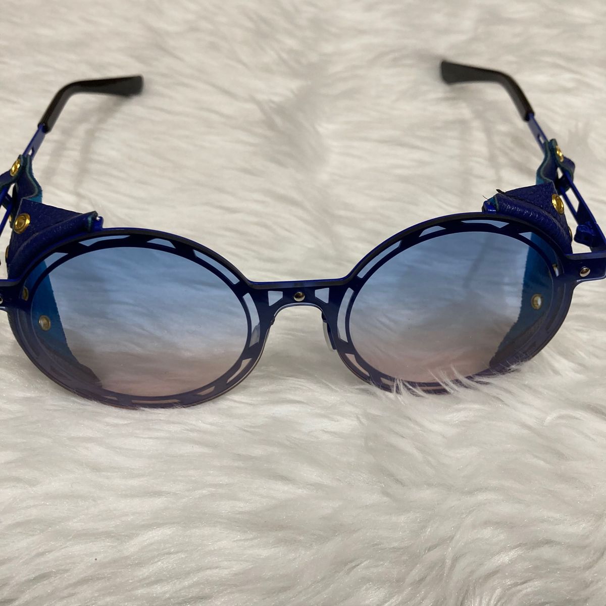 062丸メガネ眼鏡サングラスレトロ個性的めがねブルーフレームラウンドヴィンテージ