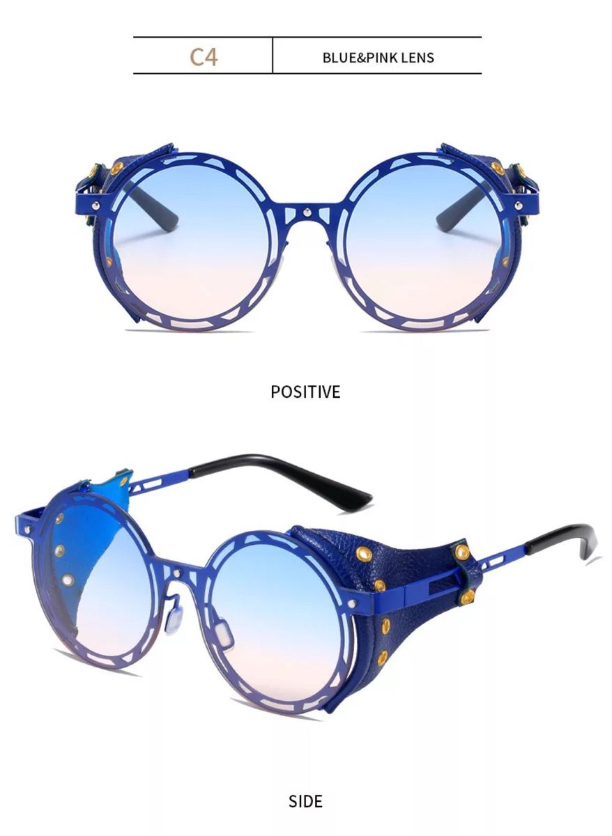 062丸メガネ眼鏡サングラスレトロ個性的めがねブルーフレームラウンドヴィンテージ