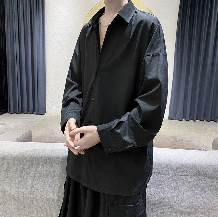 メンズ 長袖 シャツ 涼しい L オーバーサイズ 黒 シンプル とろみ 韓国_画像6