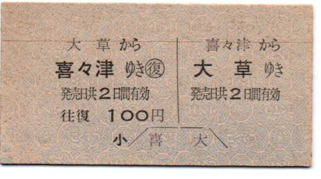 【国鉄】長崎本線（長与支線）喜々津→大草　硬券往復乗車券　～発行年月日不明～_画像1