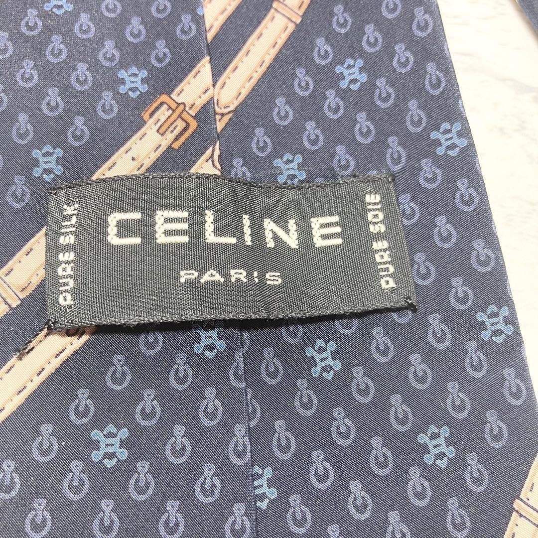 美品　CELINE　セリーヌ　ネクタイ　ネイビー系　ストライプ　総柄　シルクタイ　シルク100％　スーツ　ビジネス　装飾小物　オシャレ_画像4