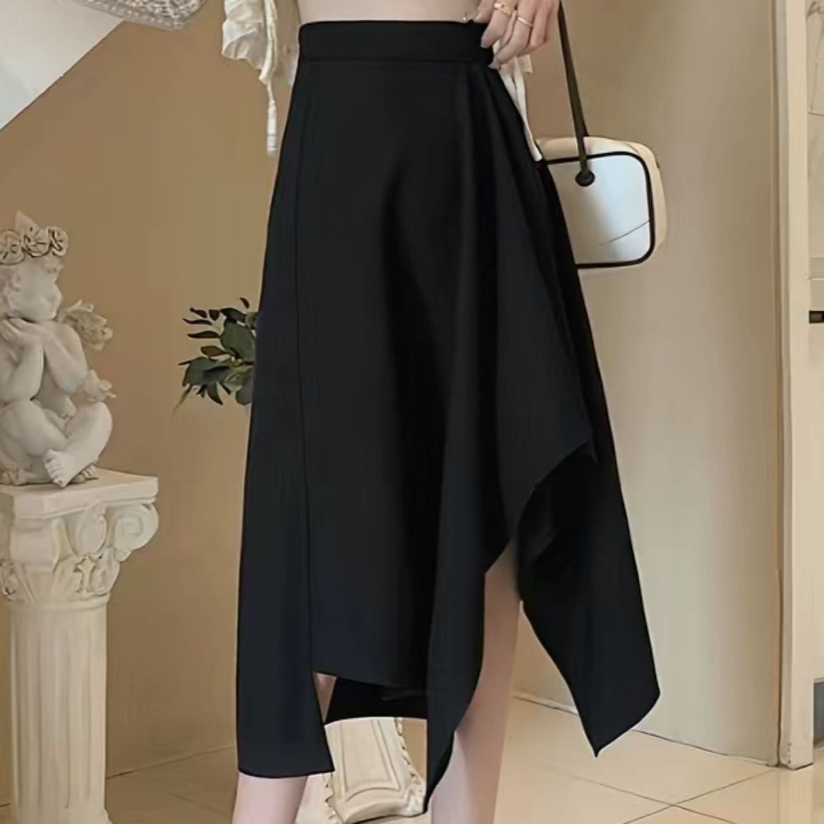 ソリッドハイウエストドレープスカート、カジュアル非対称裾フレアミディスカート、婦人服 ロングスカート スカート 黒