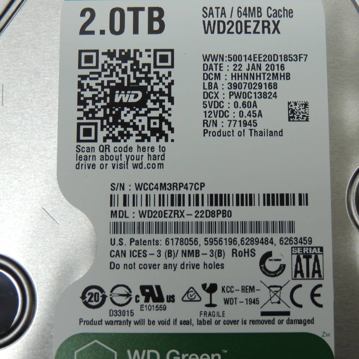 【2台まとめ売り/検品済み】WD 2TB HDD WD20EZRX 【使用時間1729h・1797h】 管理:セ-12_画像6