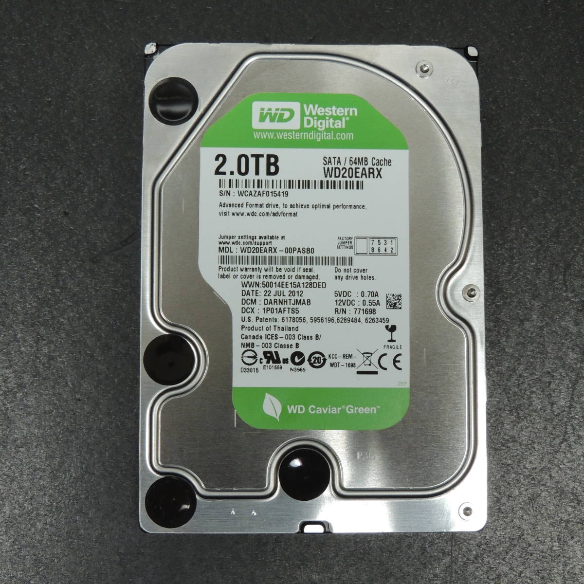 【検品済み/使用226時間】WD 2TB HDD WD20EARX 管理:セ-23_画像1