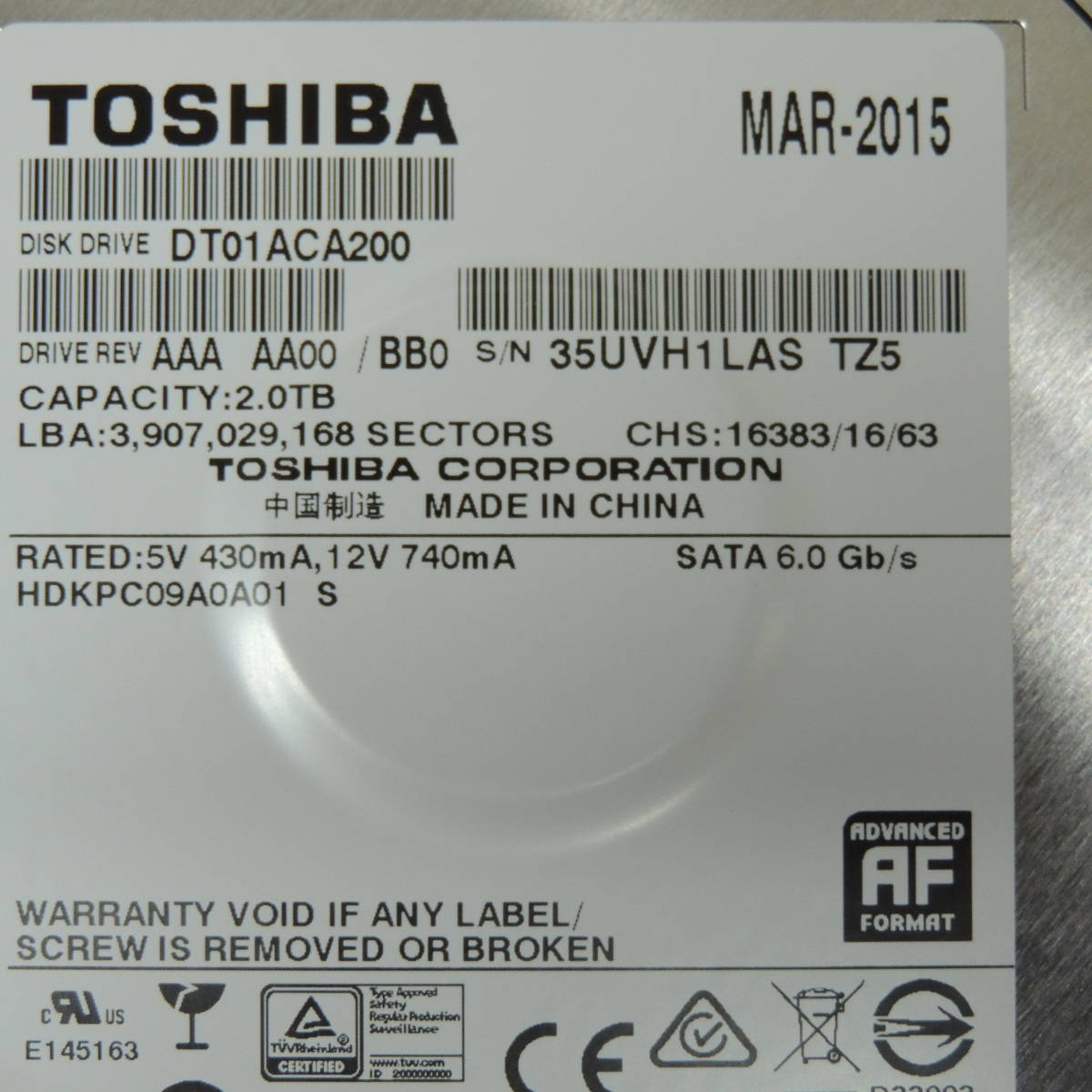 【検品済み/使用41時間】TOSHIBA 2TB HDD DT01ACA200 管理:タ-13_画像4