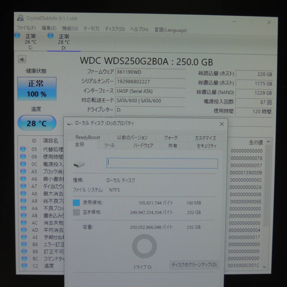 【2台まとめ売り/検品済み】WD BLUE 3D NAND SSD 250GB WDS250G2B0A (使用時間：120h・4191h) 管理:タ-96_画像3