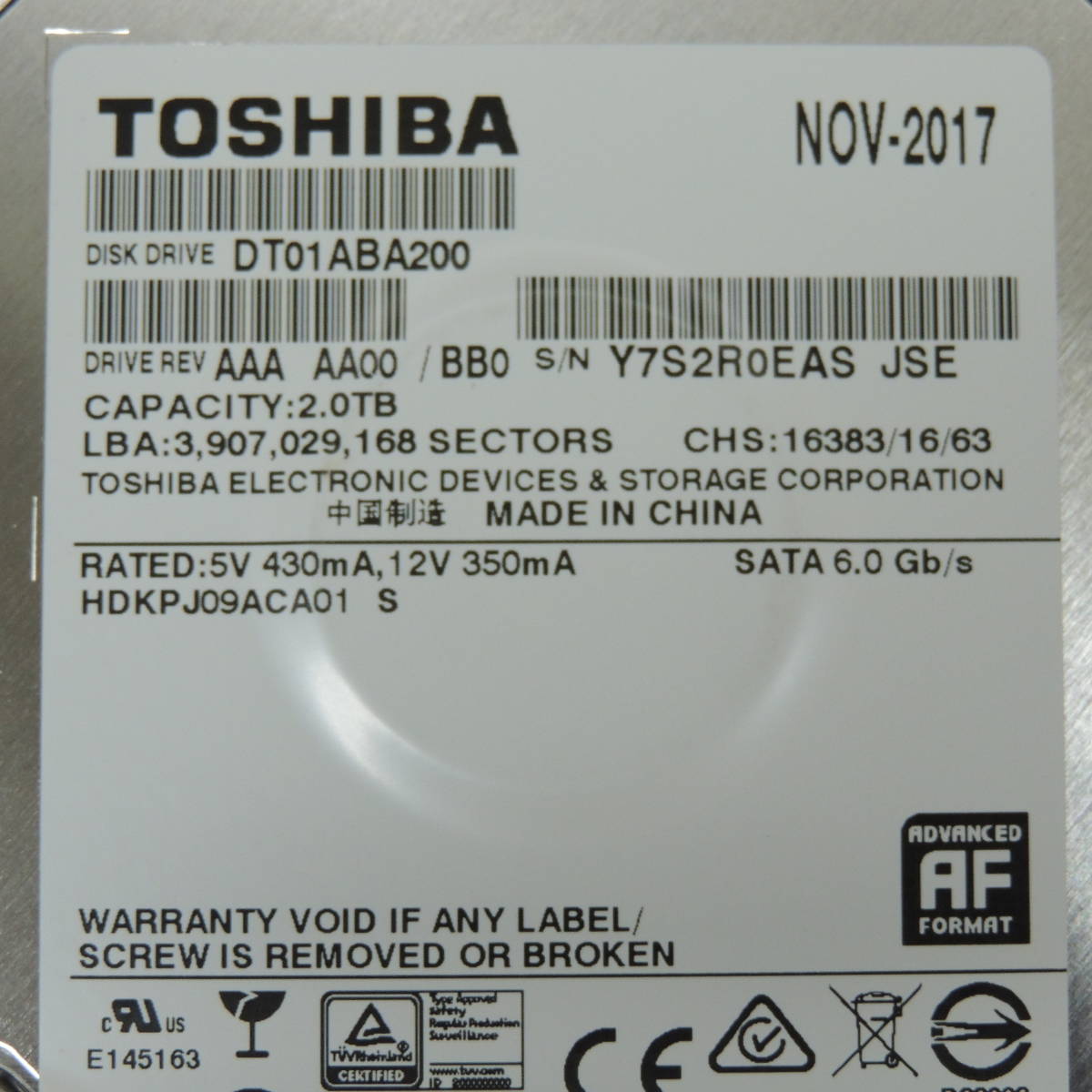 【2台まとめ売り/検品済み】TOSHIBA 2TB HDD DT01ABA200 【使用時間16571h・16628h】 管理:チ-16_画像6