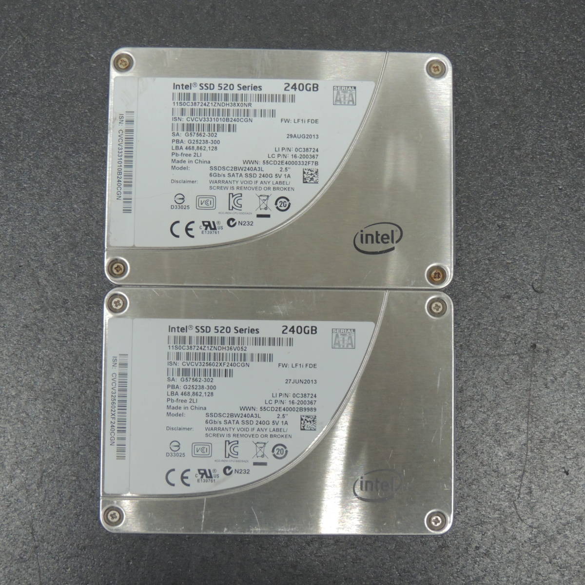 【2台まとめ売り/検品済み】Intel SSD 520 Series 240GB SSDSC2BW240A3L (使用時間：0h・0h) 管理:チ-48_画像1