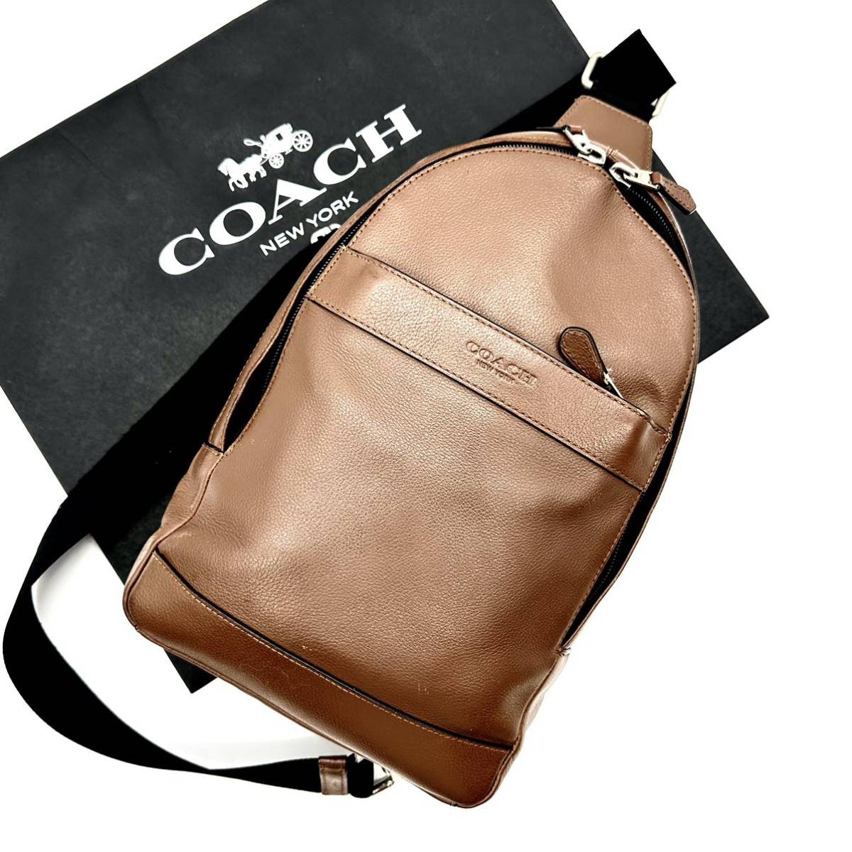 【超極美品】コーチ COACH ボディバッグ スリング パック ショルダーバッグ クロスボディ 肩掛け 斜め掛け メンズ ダークブラウン レザー_画像1