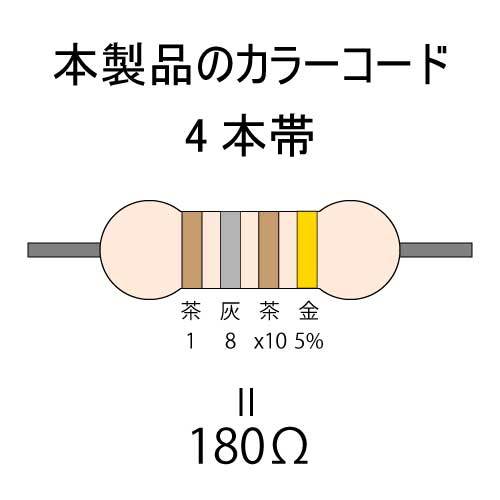 カーボン抵抗【炭素被膜抵抗】 180Ω (1/2Ｗ ±5%) 10本　〒84～　(reg)_カラーコード